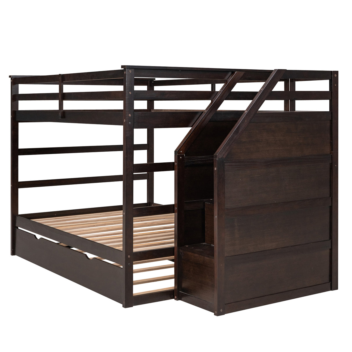 Full-over-Full Bunk Bed with Twin Size Trundle and 3 Storage Stairs,Espresso - Home Elegance USA