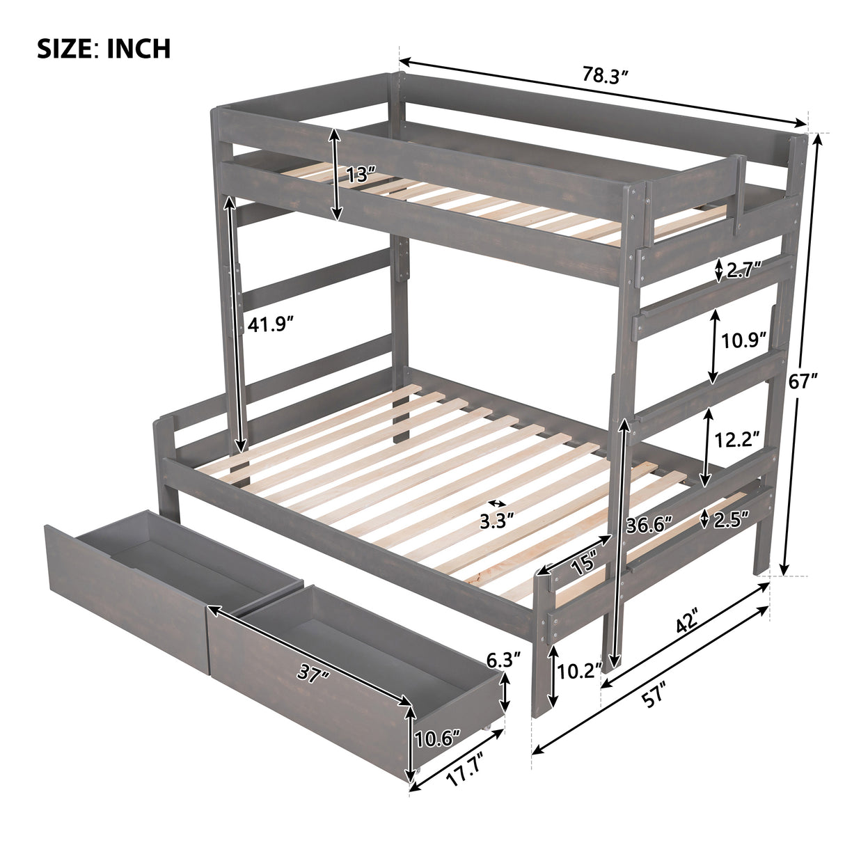 Twin over Full Wood Bunk Bed with 2 Drawers, Gray - Home Elegance USA