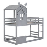 Twin over Twin Bunk Bed with Roof and Window, with Guardrails and Ladder, Gray - Home Elegance USA