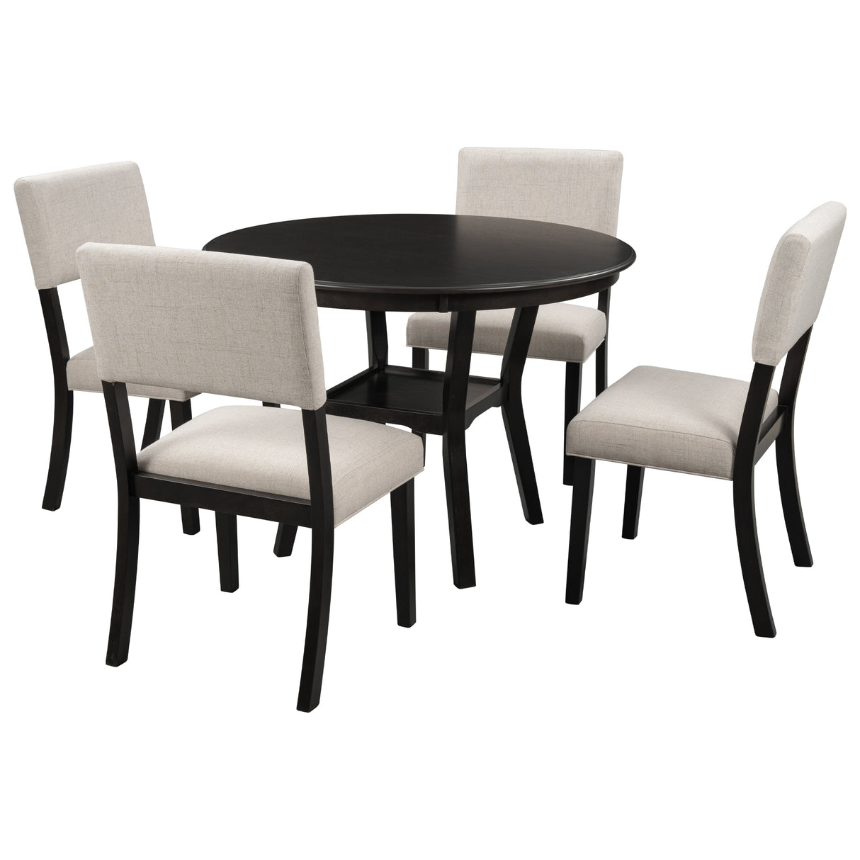 TREXM 5-Piece Kitchen Dining Table Set Round Table with Bottom Shelf, 4 Upholstered Chairs for Dining Room（Espresso） - Home Elegance USA