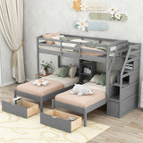 Twin over Twin&Twin Bunk Bed, Triple Bunk Bed with Drawers, Staircase with Storage, Built-in Shelves, Gray Home Elegance USA