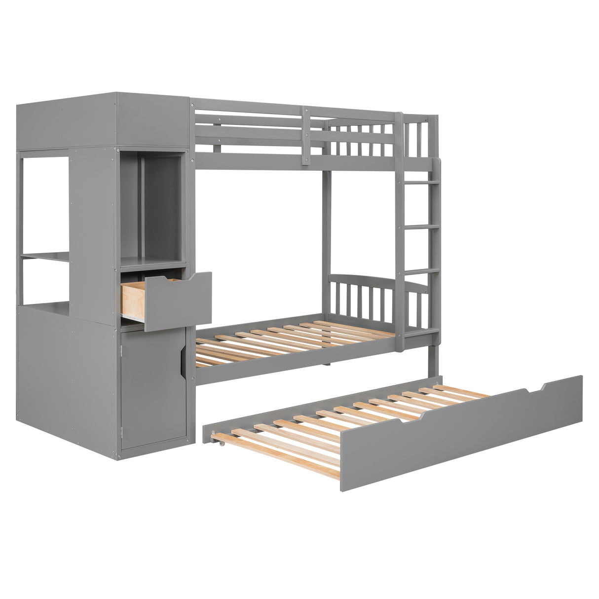 Twin Size Bunk Bed with Trundle and Attached Multifunctional Locker,Gray - Home Elegance USA