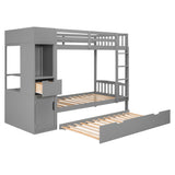 Twin Size Bunk Bed with Trundle and Attached Multifunctional Locker,Gray - Home Elegance USA