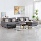 Nolan Gray Linen Fabric 5Pc Double Chaise Sectional Sofa with Interchangeable Legs, a USB, Charging Ports, Cupholders, Storage Console Table and Pillows - Home Elegance USA