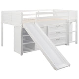 Low Twin Size Loft Bed with Cabinets, Shelves and Slide - White(OLD SKU :LP000503AAK)