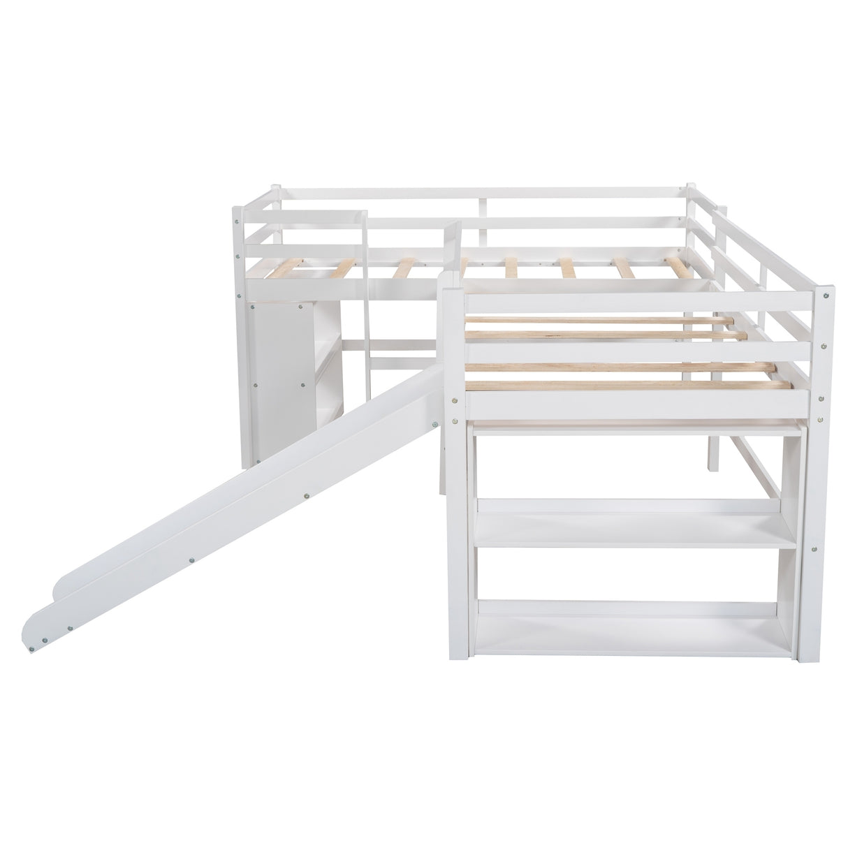 Twin Size L-Shaped Loft Bed with Movable Two-Tier Shelves and Slide,White - Home Elegance USA