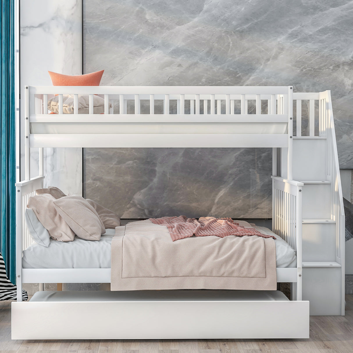 Twin over Full Bunk Bed with Trundle and Staircase,White - Home Elegance USA