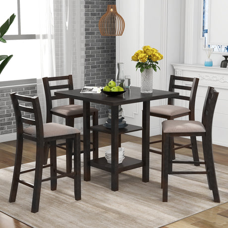 TREXM 5-Piece Wooden Counter Height Dining Set with Padded Chairs and Storage Shelving (Espresso) - Home Elegance USA