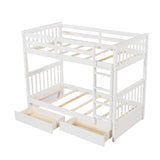 Twin-Over-Twin Bunk Bed with Ladders and Two Storage Drawers (White) - Home Elegance USA