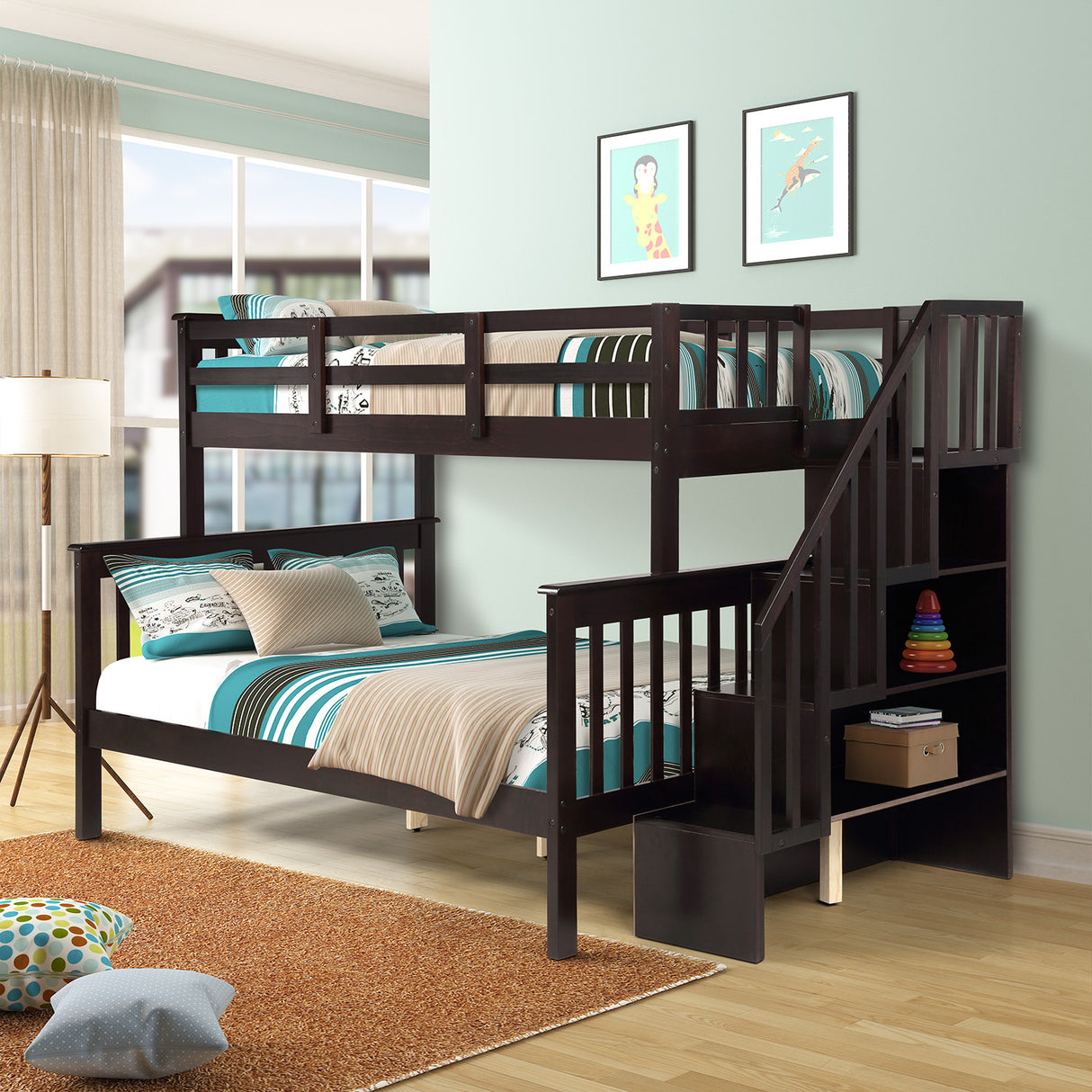 Stairway Twin-Over-Full Bunk Bed with Storage and Guard Rail for Bedroom, Espresso color(OLD SKU :LP000019AAP) - Home Elegance USA