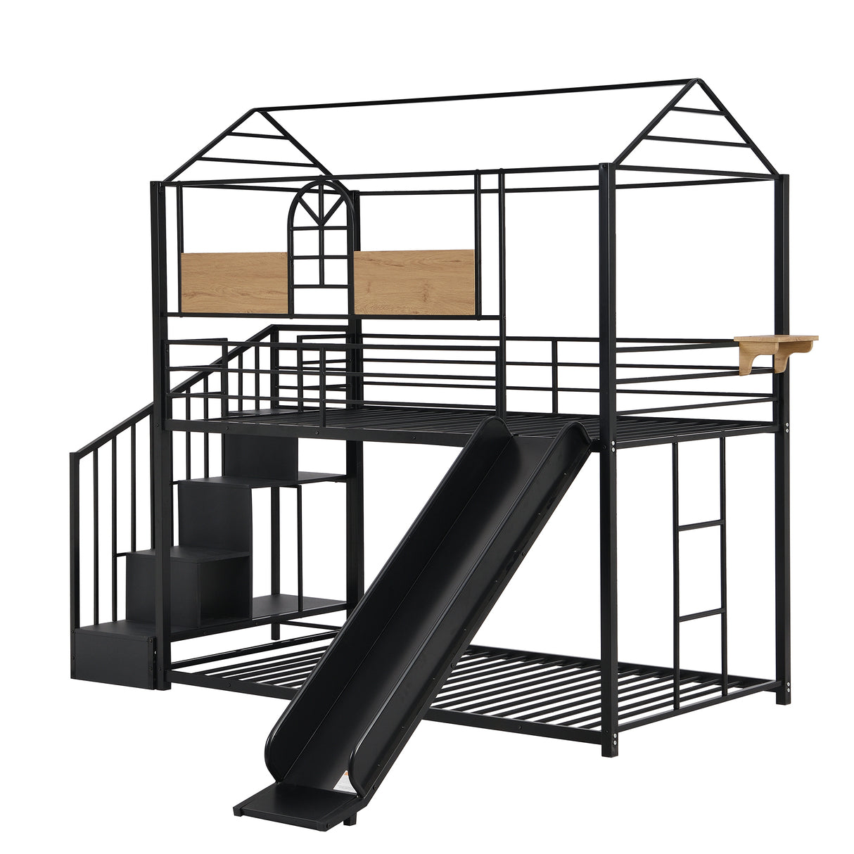 Twin Over Twin Metal Bunk Bed ,Metal Housebed with Slide and Storage Stair,Black with Black Slide(OLD SKU:LP000195AAB) - Home Elegance USA