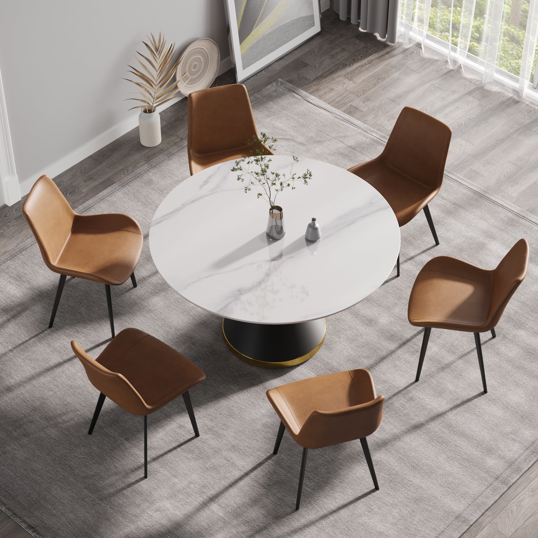 53.15"Modern artificial stone round black carbon steel base dining table - can accommodate 6 people - W1535S00003 - image - 2