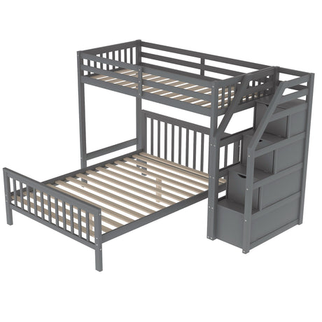 Twin over Full Loft Bed with Staircase,Gray(OLD SKU:SM000107AAE)