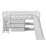 Low Loft Bed with Attached Bookcases and Separate 3-tier Drawers,Convertible Ladder and Slide,Twin,White - Home Elegance USA