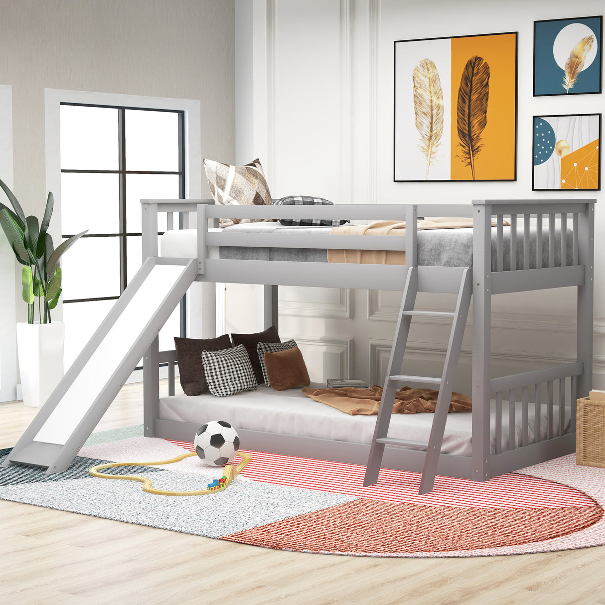 Twin over Twin Bunk Bed with Convertible Slide and Ladder, Gray - Home Elegance USA