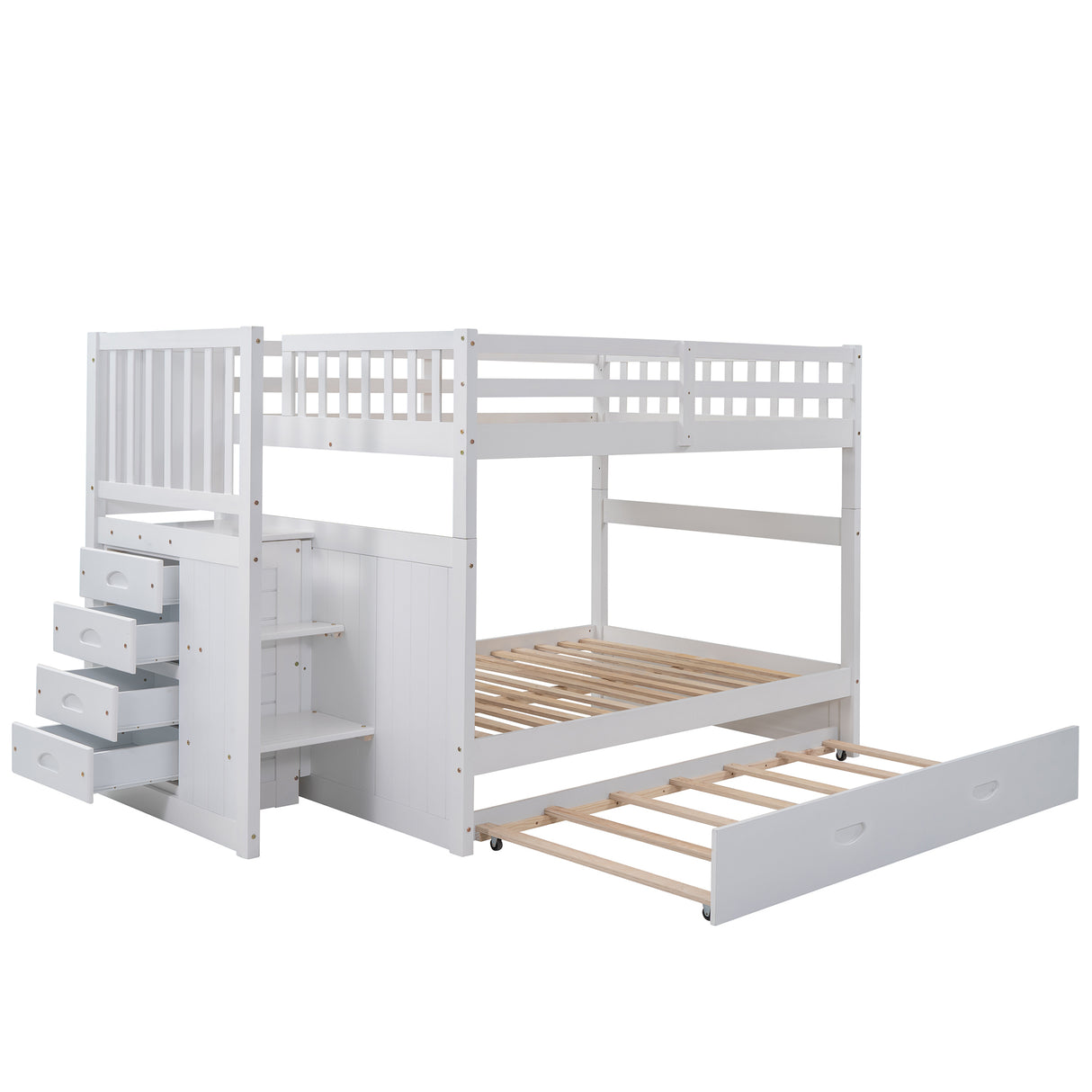 Full over Full Bunk Bed with Twin Size Trundle, White (old sku: LT000026AAK ) - Home Elegance USA