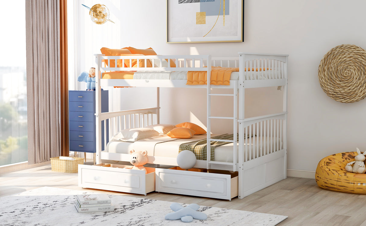 Full over Full Bunk Bed with Drawers, Convertible Beds, White(OLD SKU:SM000241AAK) - Home Elegance USA