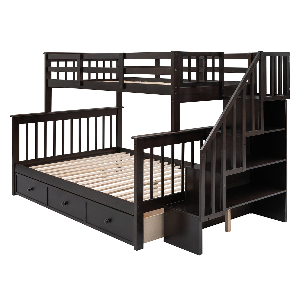 Stairway Twin-Over-Full Bunk Bed with Drawer, Storage and Guard Rail for Bedroom, Dorm, for Adults, Espresso color( old sku: LP000219AAP ) - Home Elegance USA