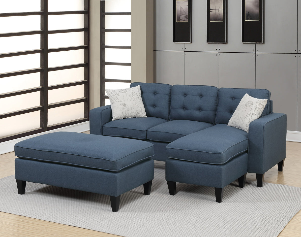 Reversible 3pc Sectional Sofa Set Navy Tufted Polyfiber Wood Legs Chaise Sofa Ottoman Pillows Cushion Couch - Home Elegance USA