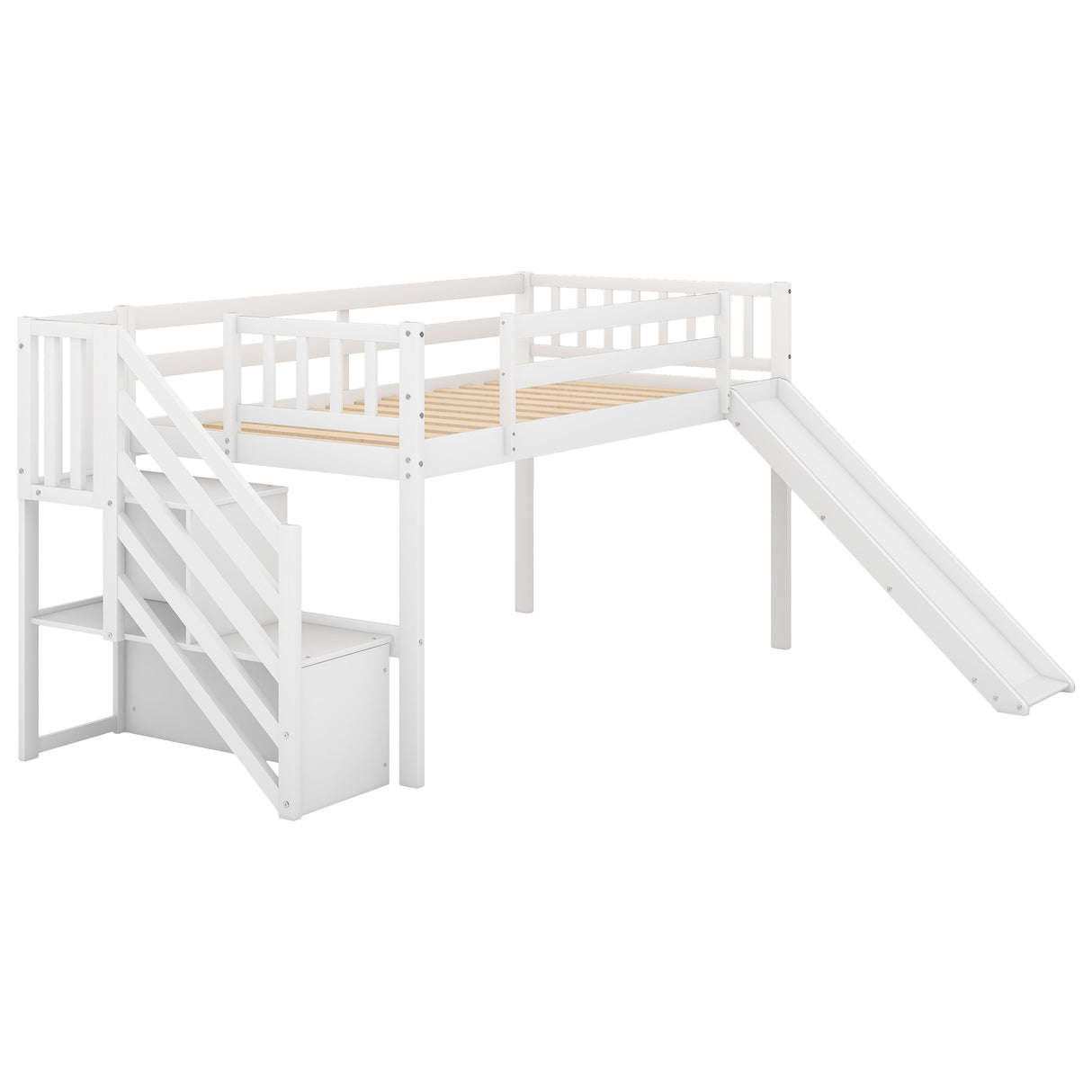 Twin Size Low Loft Bed with Adjustable Slide and Staircase, White - Home Elegance USA