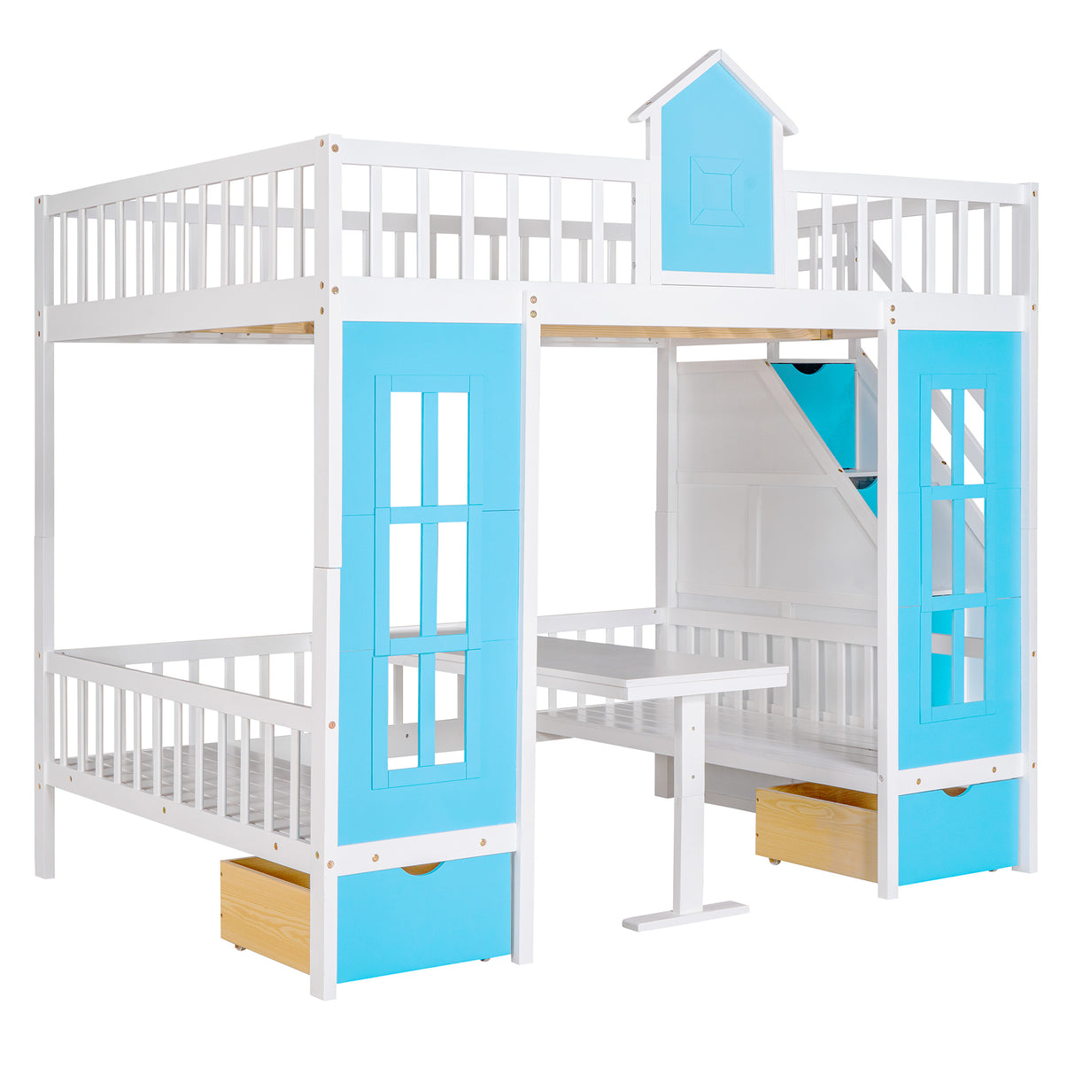 Full-Over-Full Bunk Bed with Changeable Table , Bunk Bed Turn into Upper Bed and Down Desk - Blue - Home Elegance USA