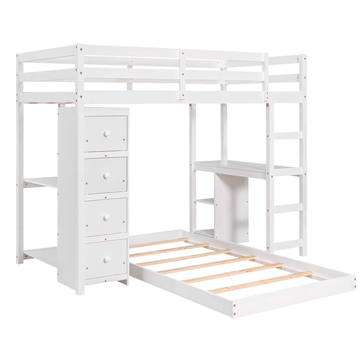 Twin over Twin Bed with Drawers and Shelves,White - Home Elegance USA