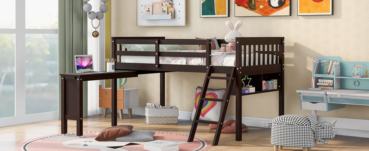 Twin Size Loft Bed With Removable Desk and Cabinet, Espresso - Home Elegance USA