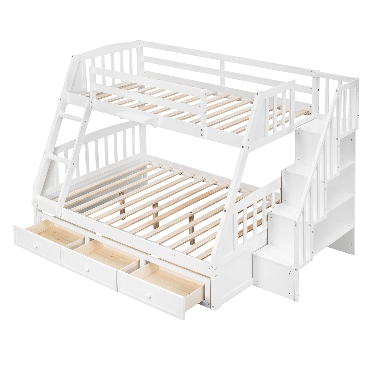 Twin-Over-Full Bunk Bed with Drawers，Ladder and Storage Staircase, White - Home Elegance USA