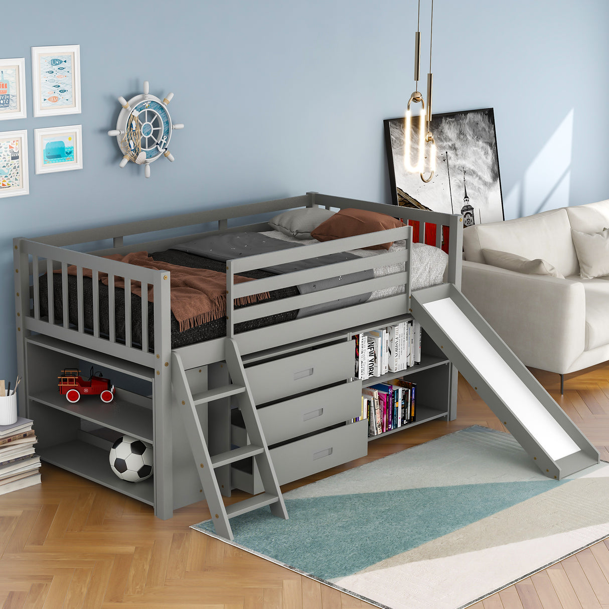 Low Loft Bed with Attached Bookcases and Separate 3-tier Drawers,Convertible Ladder and Slide,Twin,Gray - Home Elegance USA