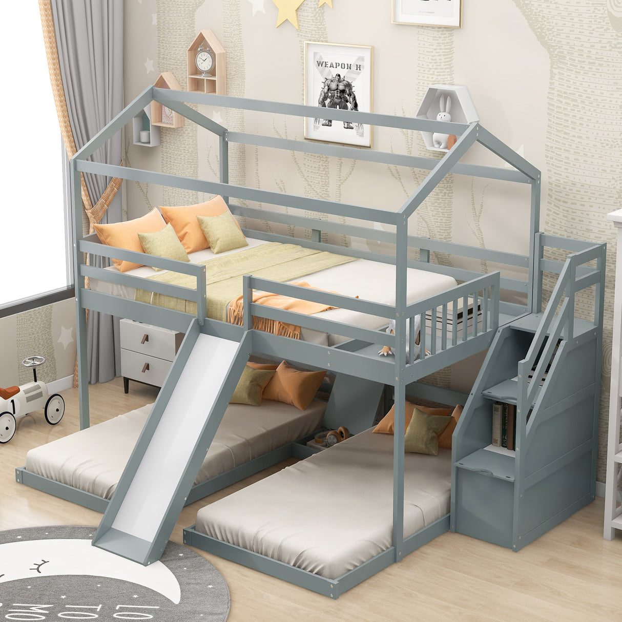 Full over Twin & Twin Bunk Bed,with Slide and Storage Staircase,Built-in Drawer and Shelf,Gray - Home Elegance USA