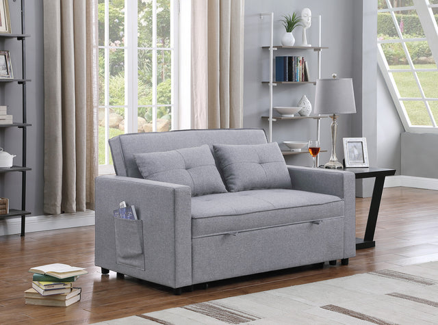 Zoey Light Gray Linen Convertible Sleeper Loveseat with Side Pocket Home Elegance USA