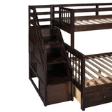 Twin over Full L-Shaped Bunk Bed With 3 Drawers, Ladder and Staircase - Espresso - Home Elegance USA