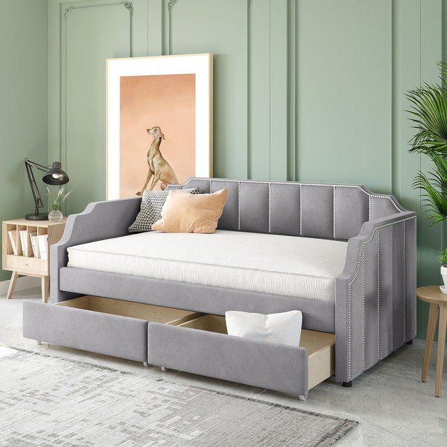 Twin Size Upholstered daybed with Drawers, Wood Slat Support, Gray Home Elegance USA