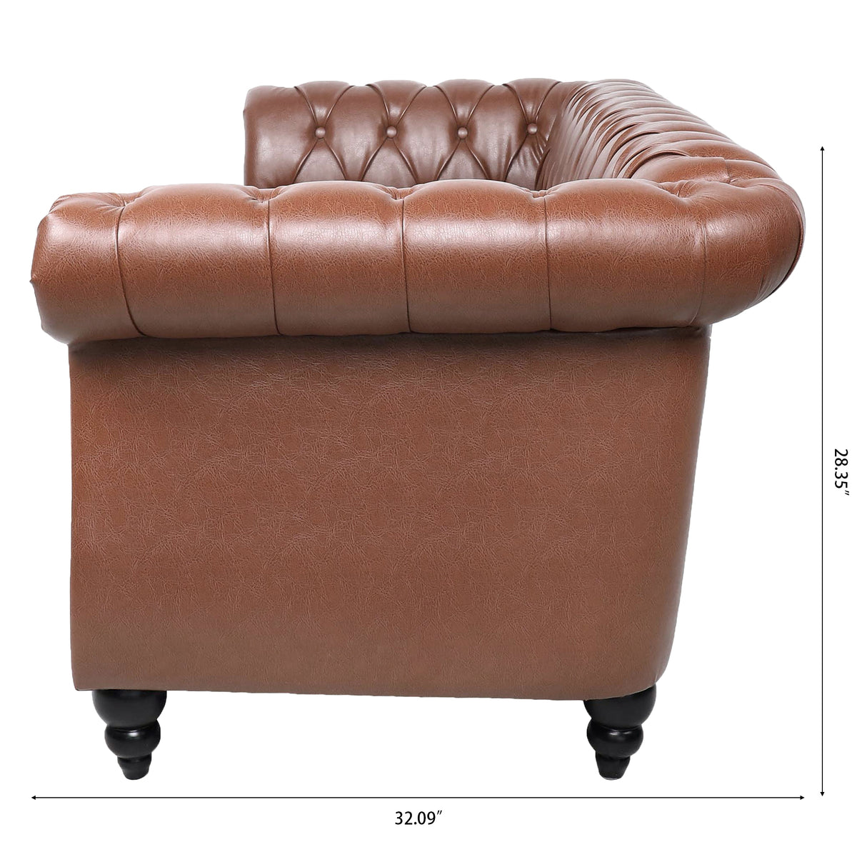 84.65"BROWN PU Rolled Arm Chesterfield Three Seater Sofa. | Home Elegance USA