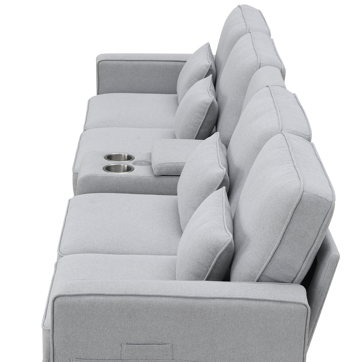 [VIDEO provided] [New] 114.2" Upholstered Sofa with Console, 2 Cupholders and 2 USB Ports Wired or Wirelessly Charged, Modern Linen Fabric Couches with 4 Pillows for Living Room, Apartment (4-Seat) Home Elegance USA