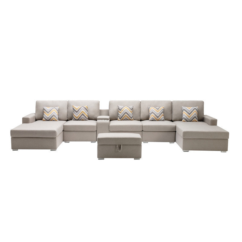 Nolan Beige Linen Fabric 7Pc Double Chaise Sectional Sofa with Interchangeable Legs, Storage Ottoman, Pillows, and a USB, Charging Ports, Cupholders, Storage Console Table - Home Elegance USA