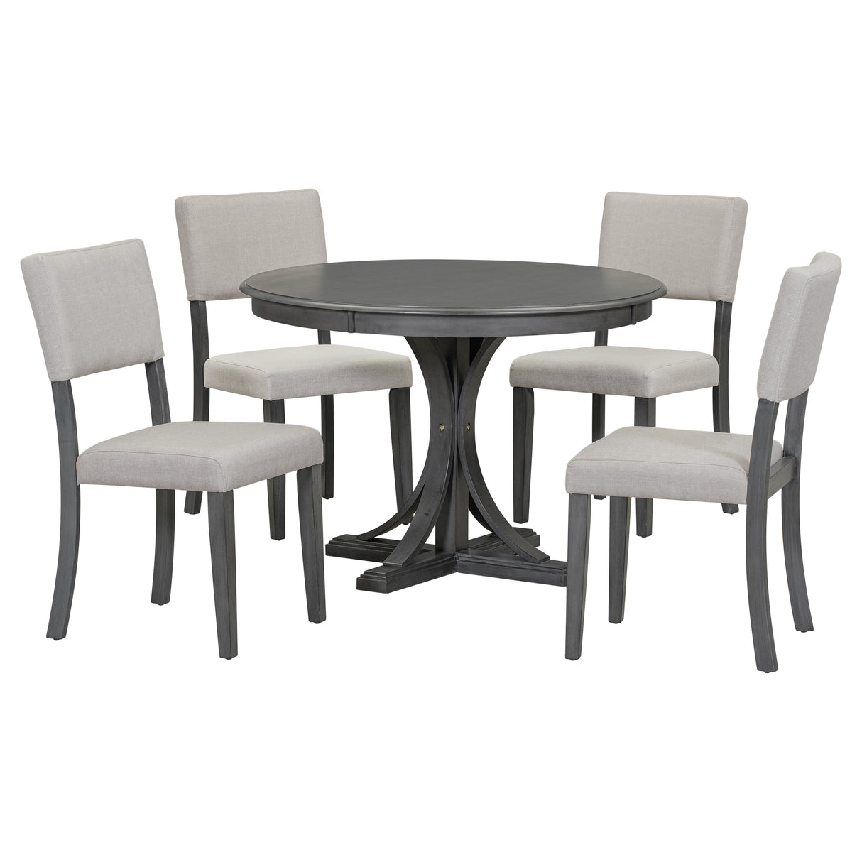 TREXM 5-Piece Retro Round Dining Table Set with Curved Trestle Style Table Legs and 4 Upholstered Chairs for Dining Room (Dark Gray) - Home Elegance USA