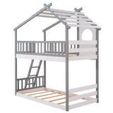 Twin Over Twin Bunk Bed Wood Bed with Roof, Window, Ladder ( Gray)(OLD SKU :LP000008AAE) - Home Elegance USA