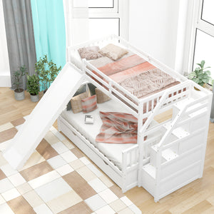 Twin over Full Bunk Bed with Drawers,Storage and Slide, Multifunction, White - Home Elegance USA