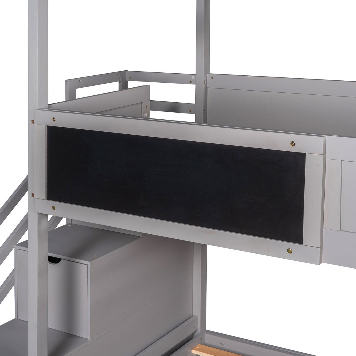 Twin over Full House Bunk Bed with Storage Staircase and Blackboard,Grey - Home Elegance USA