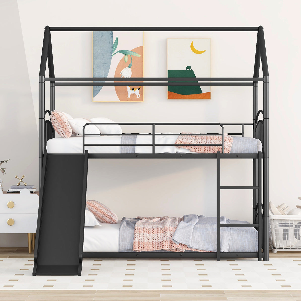 Twin Over Twin Metal Bunk Bed With Slide,Kids House Bed Black - Home Elegance USA