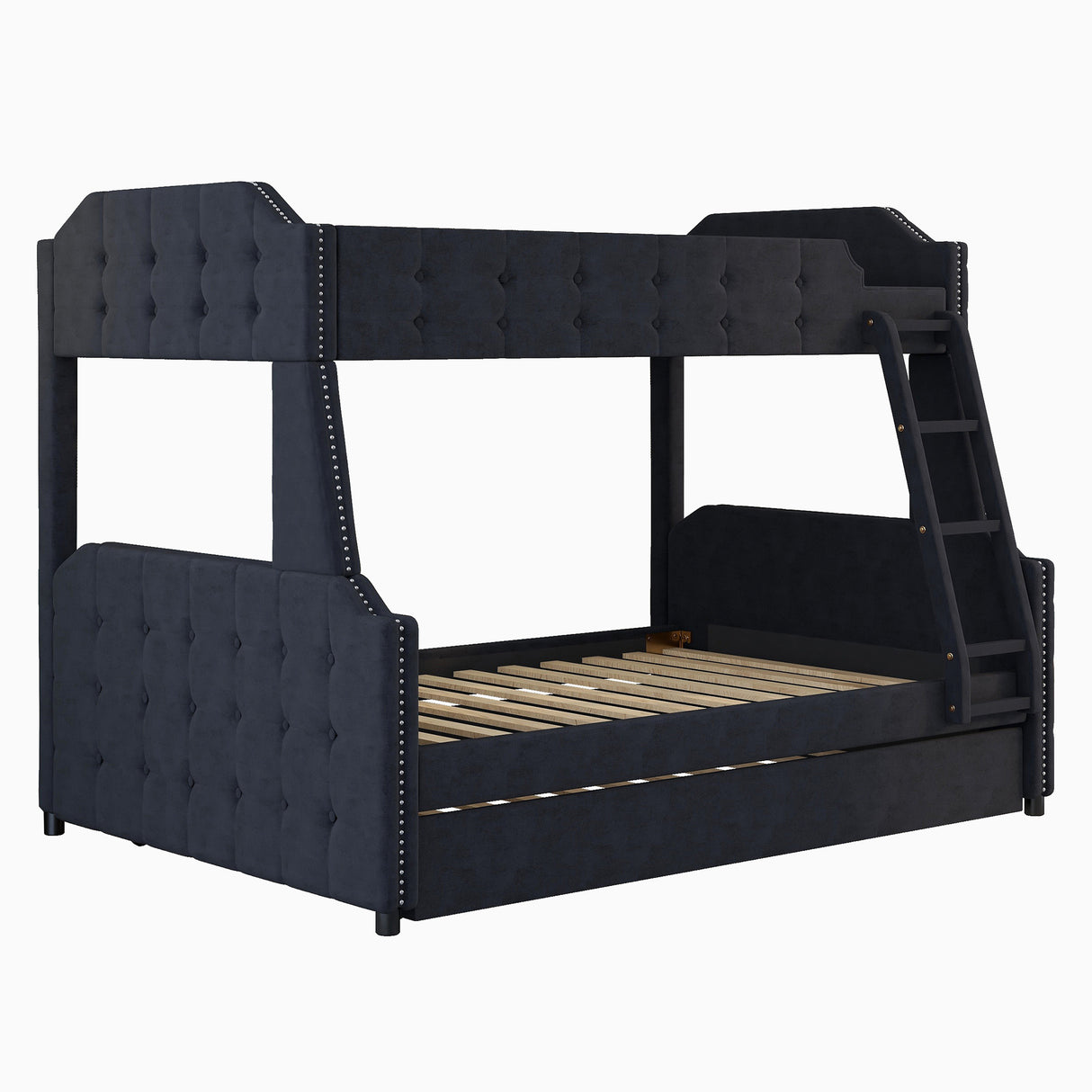 Twin over Full Upholstered Bunk Bed with Trundle and Ladder,Tufted Button Design,Black - Home Elegance USA