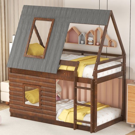 Wood Twin Size House Bunk Bed with Roof, Ladder and 2 Windows, Oak & Smoky Grey(Expected Arrival Time: 8.2) - Home Elegance USA