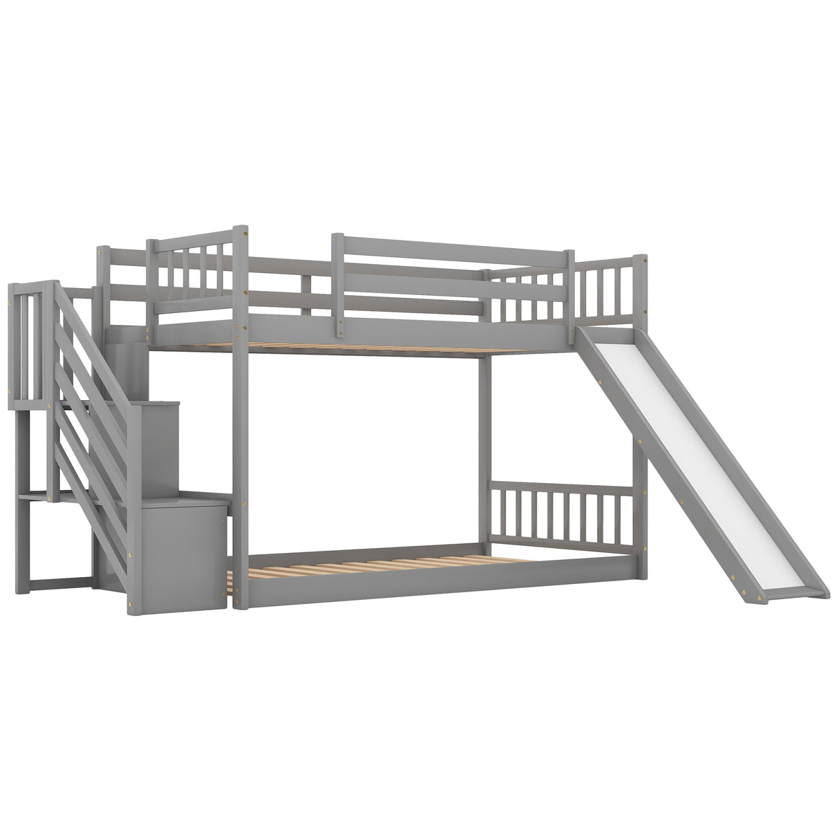 Twin over Twin Bunk Bed with Convertible Slide and Stairway, Gray - Home Elegance USA