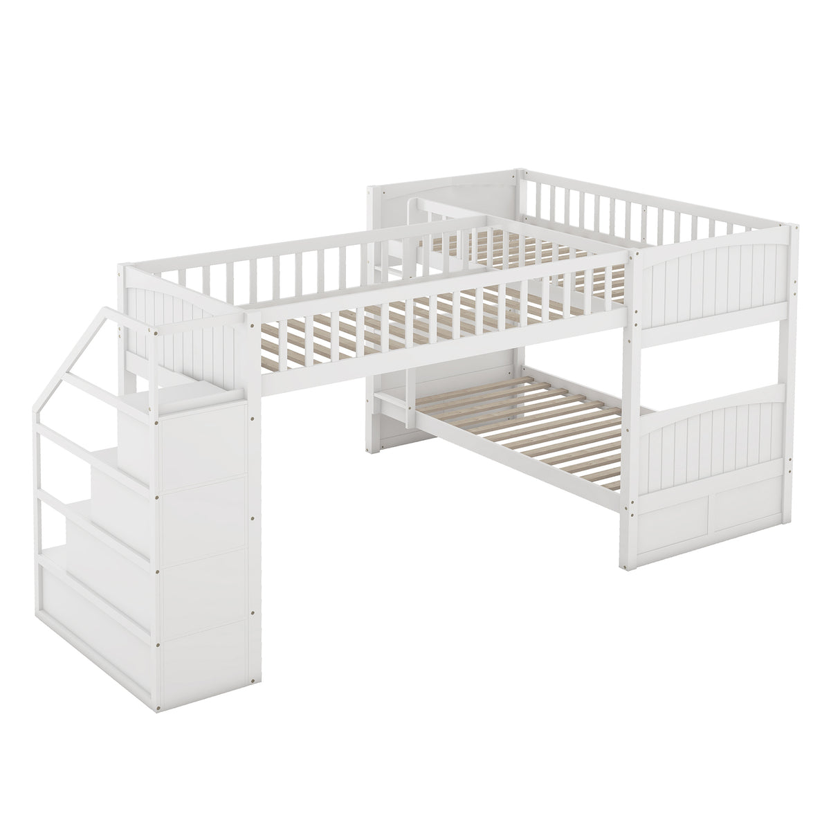 Twin over Twin Wooden L-Shaped Bunk Bed with Ladder and Stairway,White(OLD SKU:SM000303AAK-1) - Home Elegance USA