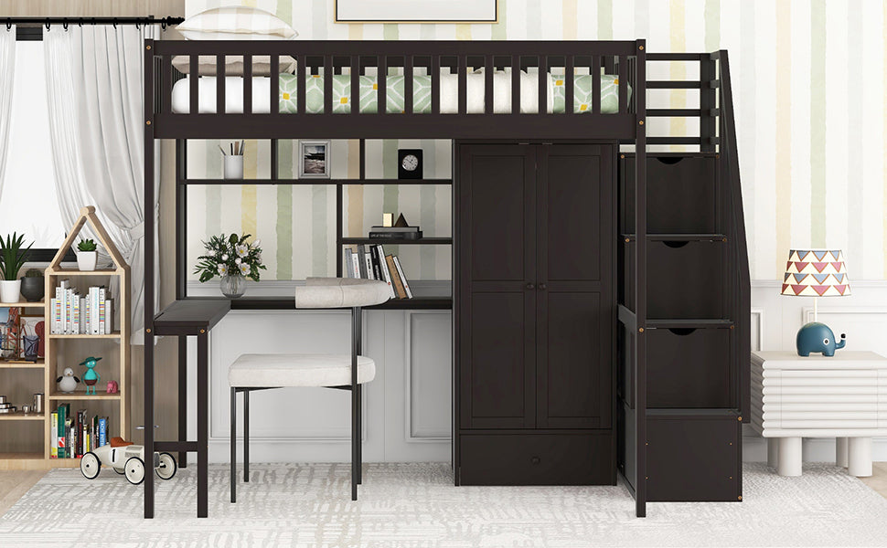 Full size Loft Bed with Bookshelf,Drawers,Desk,and Wardrobe-Espresso - Home Elegance USA