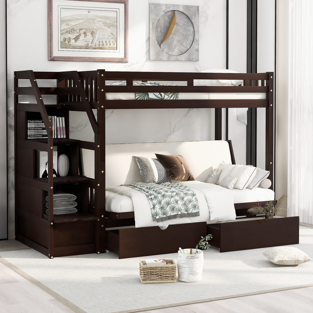 Twin over Full Bunk Bed with Two Drawers and Staircase, Down Bed can be Converted into Daybed,Espresso Home Elegance USA