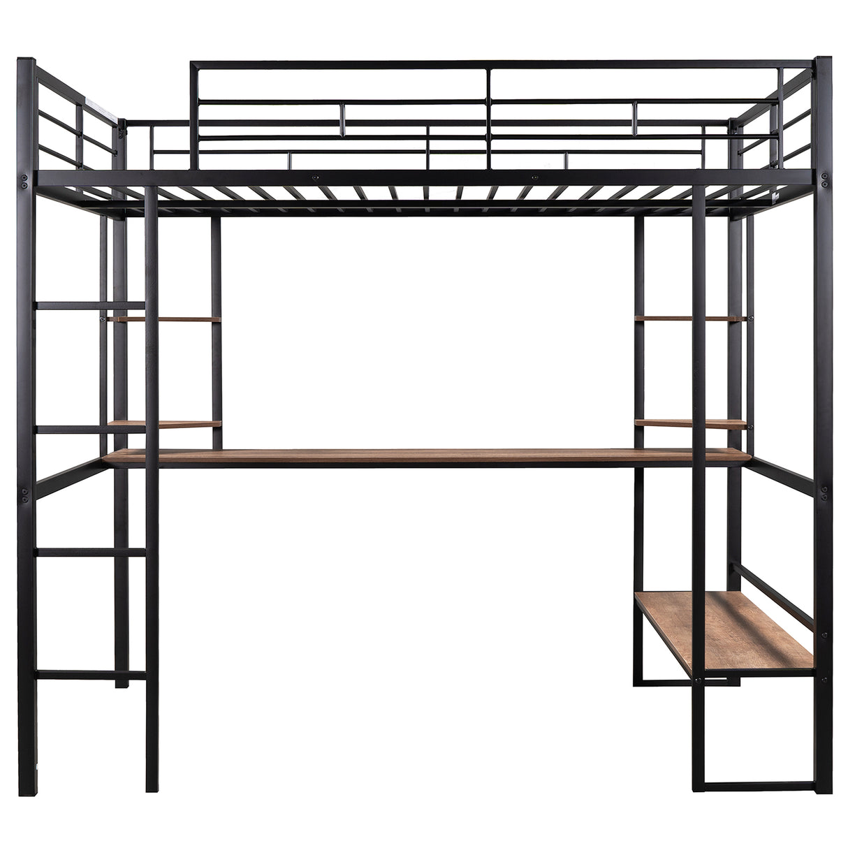 Full Size Loft Metal&MDF Bed with Long Desk and Shelves,Black - Home Elegance USA