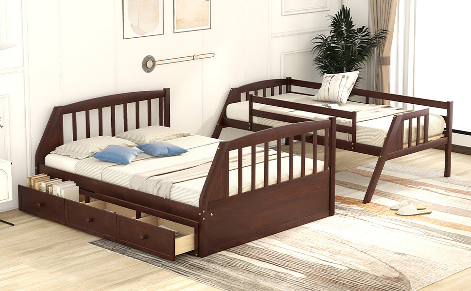 Twin-Over-Full Bunk Bed with Drawers，Ladder and Storage Staircase, Espresso - Home Elegance USA
