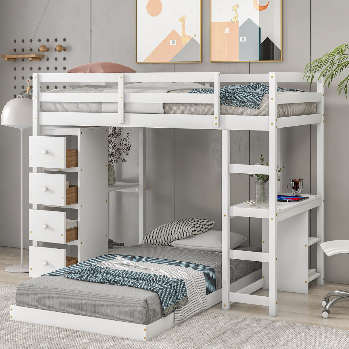 Twin over Twin Bed with Drawers and Shelves,White - Home Elegance USA